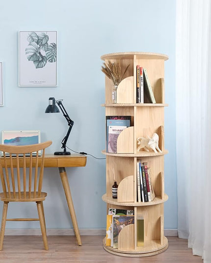 Rotating Bookshelf 360 Degrees, 4 Tier Stackable Solid Wood Bookshelf Organizer, Storage Display Rack Floor Standing Bookcase for Kids&Adults (51"x18"x18")… - LeafyLoom