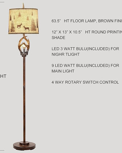 Scenekoy Rustic Farmhouse Antlers Floor Lamp with Nightlight Brown Finish Round Shade Lamps for Living Room Bedroom Office Study House - LeafyLoom