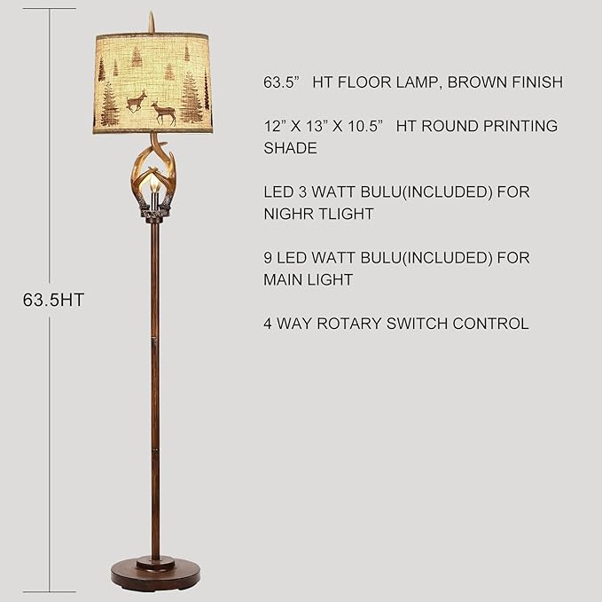 Scenekoy Rustic Farmhouse Antlers Floor Lamp with Nightlight Brown Finish Round Shade Lamps for Living Room Bedroom Office Study House - LeafyLoom