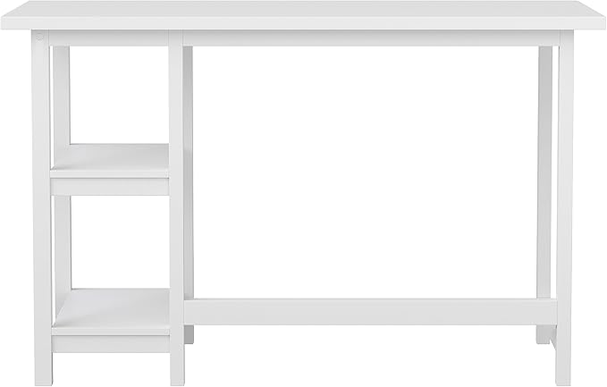 Martha Stewart Beckett Modern Trestle Desk with Open Side Shelving in White Wood Grain Finish - LeafyLoom