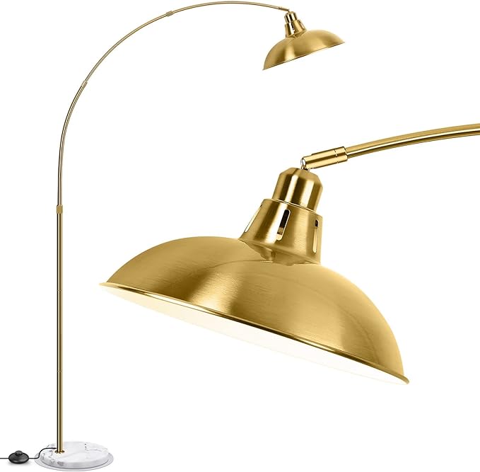 Gold Brass Arc Floor Lamp for Living Room - Mid Century Modern Standing Lamp, Overhanging Floor Lamps, Arch Stand Up Lamp & Floor Light with White Marble Base, Ideal for Bedroom Study Room - LeafyLoom