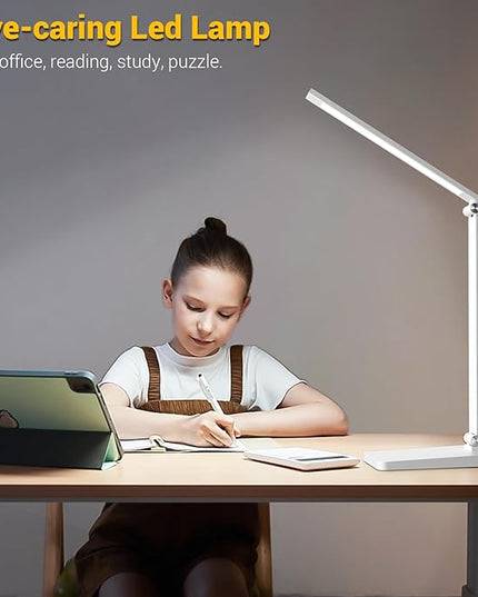 LED Desk Lamp for Home Office, 3 Levels Dimmable Desk Light with USB Charging Port, Small Study Lamp, Reading Light for Table, White, 5000K - LeafyLoom