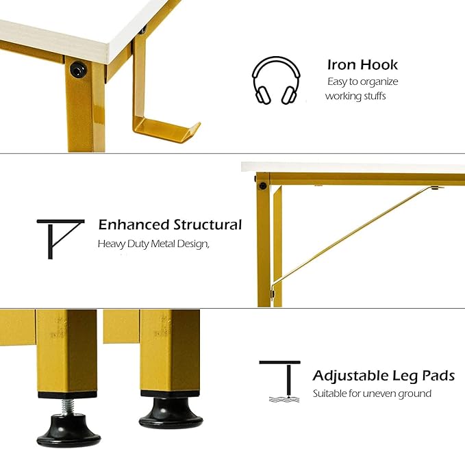 Lufeiya Small Computer Desk White Writing Table for Home Office Small Spaces 31 Inch Modern Student Study Laptop PC Desks with Gold Legs Storage Bag Headphone Hook,White Gold - LeafyLoom