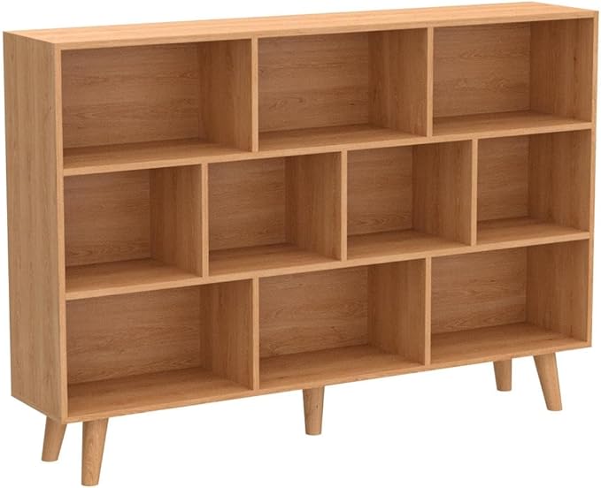 IOTXY Wooden Open Shelf Bookcase - 3-Tier Floor Standing Display Cabinet Rack with Legs, 10 Cubes Bookshelf, Pear Yellow - LeafyLoom