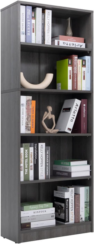 5 Shelf Wood Bookcase Freestanding Display Shelf Adjustable Layers Bookshelf for Home Office Library Small Narrow Space (Grey, 5-Layers,24.4W x 11.6D x 68.9H inch) - LeafyLoom