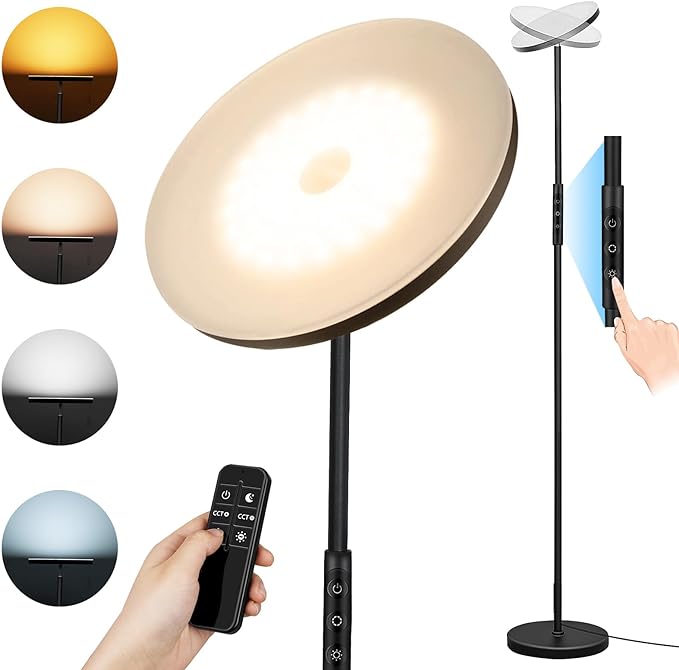 Floor Lamp, Upgraded 36W 3600LM Super Bright Torchiere LED Floor Lamps for Living Room, Stepless Dimmable Color Temperature 2700K-6500K with Remote & Touch Control, Standing Light for Bedroom Office - LeafyLoom