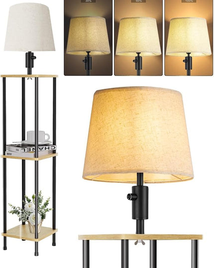 60IN Dimmable (Brightness Adjustable) Floor Lamp with Shelves, 3-Tier Corner Standing Lamp with Fabric Shade, E26 Bulb, Storage Shelf Tall Lamp for Living Room, Bedroom - LeafyLoom