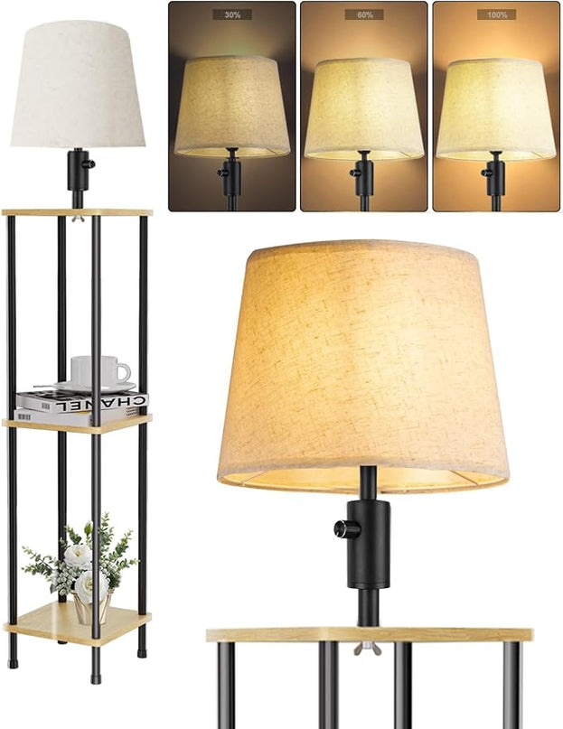 60IN Dimmable (Brightness Adjustable) Floor Lamp with Shelves, 3-Tier Corner Standing Lamp with Fabric Shade, E26 Bulb, Storage Shelf Tall Lamp for Living Room, Bedroom - LeafyLoom