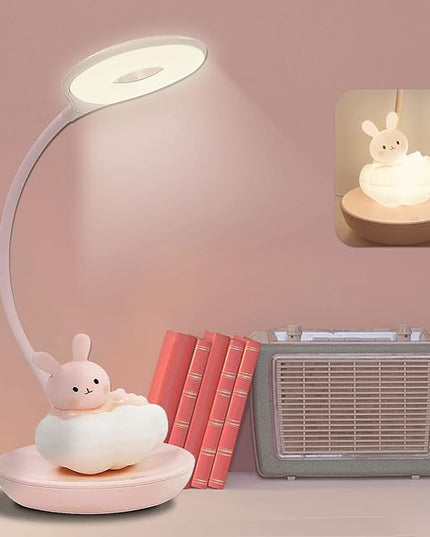 Kids Desk Lamp Pink, Dimming Desk Lamp for Girls with Exclusive Cartoon Look, Cute Night Light for Kids Bedroom, Eye-Caring LED Portable Reading Lamp for Child, Unique Gift (Pink Rabbit) - LeafyLoom