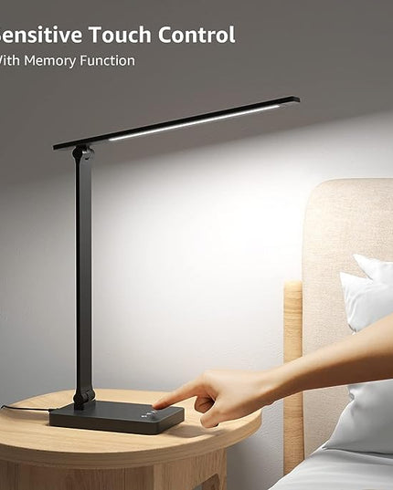 Lepro LED Desk Lamp with USB Charging Port Dimmable Home Office Touch Control Reading Table Lamp,3 Color Modes with 5 Brightness Level,College Dorm Room Essentials, Eye Caring, Sewing, Crafting, Black - LeafyLoom