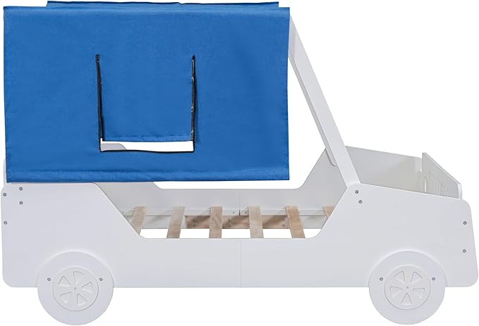 Full Size Kids Car Bed with Tent Canopy & Wheels,Wood Bedframe W/Safty Grille,Raised Base Design,Easy to Assemble,Toddler Boys Car-Shaped Bedroom Beds for Reading Playing Relaxing,White - LeafyLoom