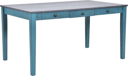 Mid-Century 6-Piece Wood Dining Table Set with Storage Drawer, Upholstered Chairs and Bench, Walnut Tabletop Kitchen Furniture for Living Room, Small Apartments, Antique Blue - LeafyLoom