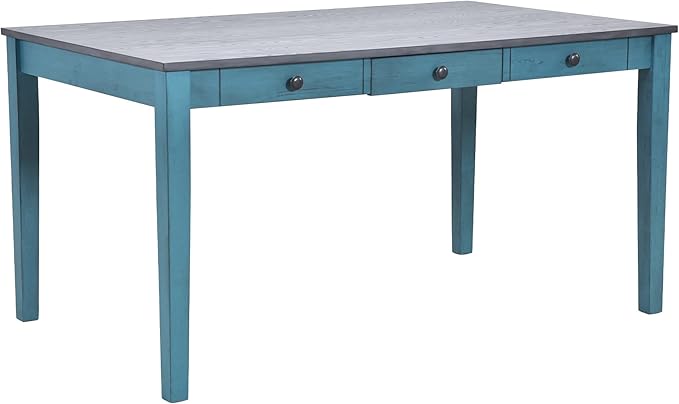 Mid-Century 6-Piece Wood Dining Table Set with Storage Drawer, Upholstered Chairs and Bench, Walnut Tabletop Kitchen Furniture for Living Room, Small Apartments, Antique Blue - LeafyLoom