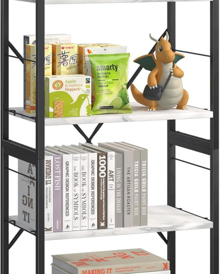 4 Tiers Bookshelf Adjustable White Faux Marble Organizer, Modern Small Bookcase for Small Space,Industrial Wooden Storage Display Rack and Storage Organizer for Living Room Home Office - LeafyLoom