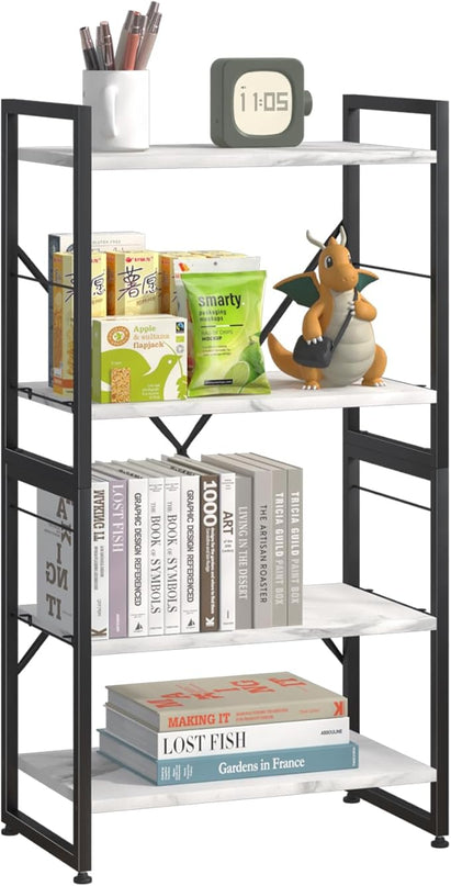 4 Tiers Bookshelf Adjustable White Faux Marble Organizer, Modern Small Bookcase for Small Space,Industrial Wooden Storage Display Rack and Storage Organizer for Living Room Home Office - LeafyLoom