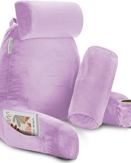 Clara Clark Reading Pillow, Large Back Pillow for Sitting Up in Bed, Memory Foam Back Support Pillow, Reading Pillows for Sitting in Bed Adult, Lavender Sit Up Pillow for Bed with Arms and Pockets - LeafyLoom