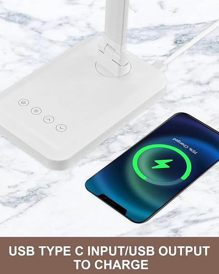 LED Desk Lamp with USB Charging Port Whole White for Home Office Essentials Table Lamp with Eye-Caring 4 Color Temperature Touch Control Stepless Dimming Desk Light for College Dorm - LeafyLoom