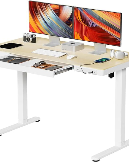 Electric Standing Desk with Drawers, Whole Piece 48 Inches Adjustable Height Desk, Modern Sit Stand Up Desk,Ergonomic Rising Desk for Home Office Workstation, Light Wood - LeafyLoom