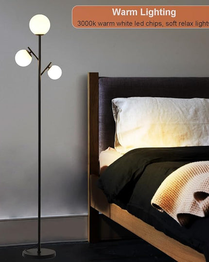 3 Globe Modern Black Floor Lamp, Mid Century Contemporary Standing Lamp with Sphere Frosted Glass Shade and Warm White LED Bulbs, LED Tall Pole Tree Lamp for Living Room, Bedroom, Hotel - LeafyLoom