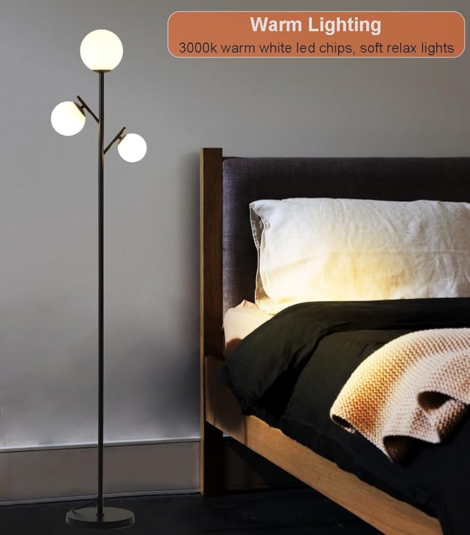 3 Globe Modern Black Floor Lamp, Mid Century Contemporary Standing Lamp with Sphere Frosted Glass Shade and Warm White LED Bulbs, LED Tall Pole Tree Lamp for Living Room, Bedroom, Hotel - LeafyLoom