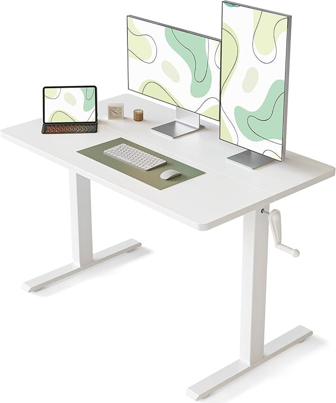 FEZIBO Crank Height Adjustable Desk, 48 Inches Manual Standing Desk, Writing Table with Handle, Home Office Desk with White Frame/White Table Top - LeafyLoom