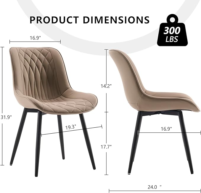 YOUNIKE Khaki Dining Chairs set of 2 with High Backs Mid Century Modern Kitchen & Dining Room Chairs PU Faux Leather Upholstered sillas de comedor Comfortable Large Padded Accent Chair with Metal Legs - LeafyLoom