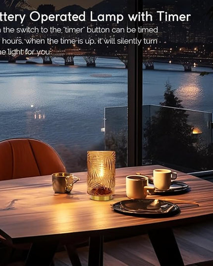 Battery Operated Lamp with Timer, Glass Cordless Lamps Beside Table Light,Small Lamp with for Home Decorative Living Corner Bedroom - LeafyLoom