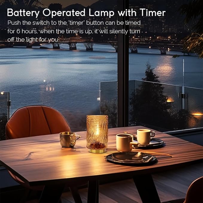 Battery Operated Lamp with Timer, Glass Cordless Lamps Beside Table Light,Small Lamp with for Home Decorative Living Corner Bedroom - LeafyLoom