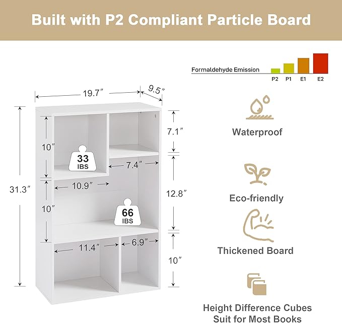 VECELO 5 Cube Modern Bookcases, 3 Tier Bookshelves, 31 Inch High Cubby Storage Organizer, Shelf Hight Up to 12.8 Inches Suit for Most Books, Vertical or Horizontal Use Available,Pearl White - LeafyLoom
