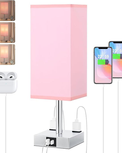 Touch Bedside Table Lamp For Nightstand - 3-Way Dimmable Night Lamp with USB A + Type C Charging Ports and two AC Outlets, Small Desk Light with E26 LED Bulb for Bedroom Living Room Dorm Office, PINK - LeafyLoom