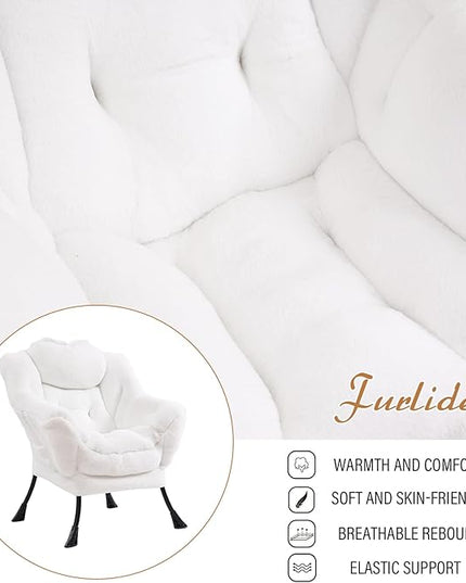 Lazy Chair with Ottoman, Modern Chair with Folding Footrest, Lounge Accent Chair, Comfortable Reading Chair (Plush White) - LeafyLoom