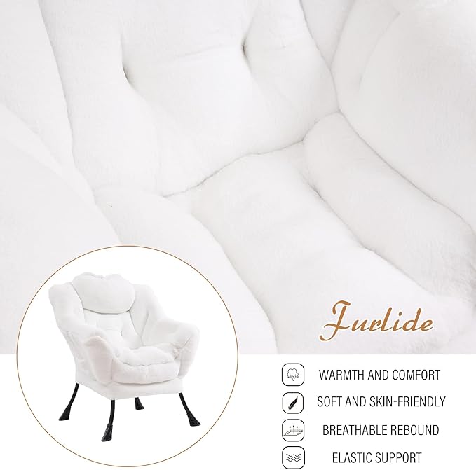 Lazy Chair with Ottoman, Modern Chair with Folding Footrest, Lounge Accent Chair, Comfortable Reading Chair (Plush White) - LeafyLoom