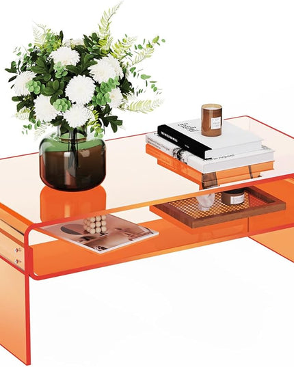 Acrylic Coffee Table for Living Room Clear Rectangle Lucite Table with Open Storage Shelf, Orange - LeafyLoom