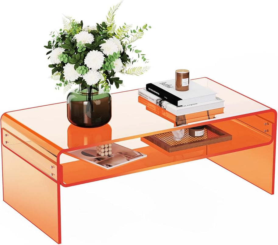 Acrylic Coffee Table for Living Room Clear Rectangle Lucite Table with Open Storage Shelf, Orange - LeafyLoom