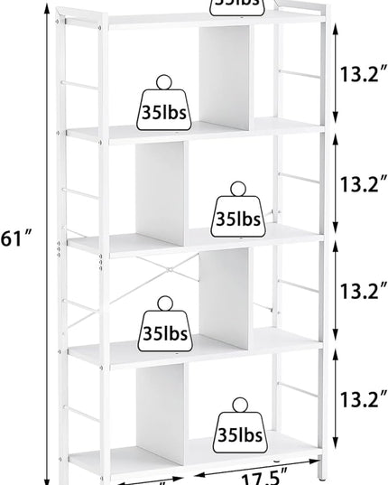 armocity White Bookshelf 5 Tier Tall Industrial Bookcase Wood Metal Frame Standing Book Shelf, Display Bookshelves Storage Organizer for Bedroom Living Room Home Office, White - LeafyLoom