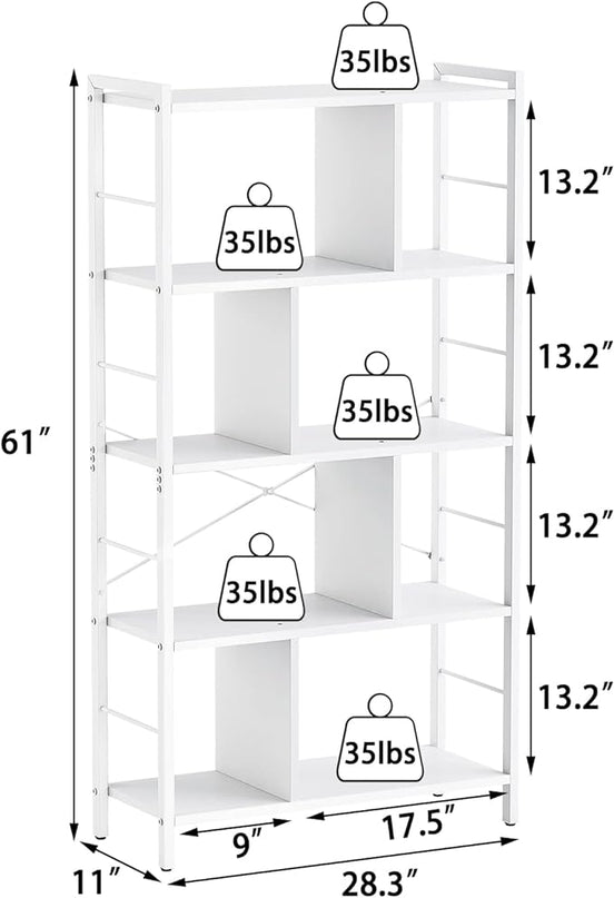 armocity White Bookshelf 5 Tier Tall Industrial Bookcase Wood Metal Frame Standing Book Shelf, Display Bookshelves Storage Organizer for Bedroom Living Room Home Office, White - LeafyLoom