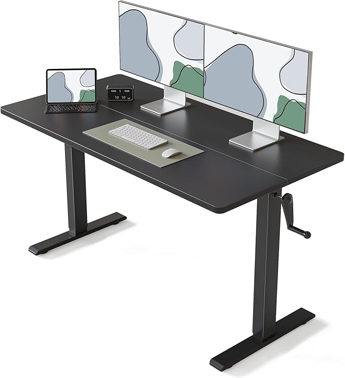 FEZIBO Crank Height Adjustable Desk, 55 Inches Manual Standing Desk, Writing Table with Handle, Home Office Desk with Black Frame/Black Table Top - LeafyLoom