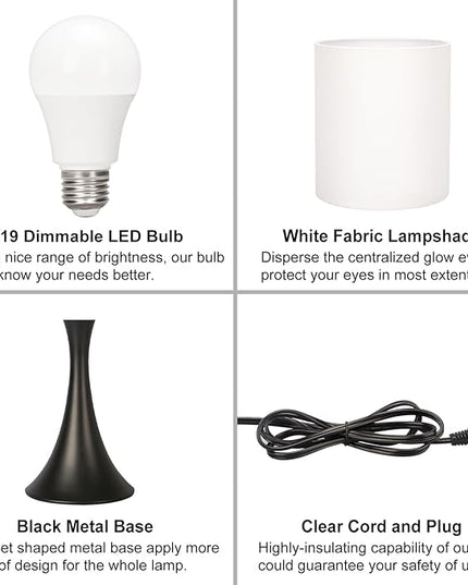3 Way Touch Control Table Lamp, Modern Bedside Lamp for Bedroom, Dimmable Black Nightstand Lamp White Shade Desk Reading Light for Living Room Office Dorm, 3000K LED Bulb Included - LeafyLoom