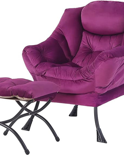 Welnow Lazy Chair with Ottoman, Modern Lounge Accent Chair with Armrests and a Side Pocket, Leisure Sofa Chair Set, Reading Chair with Footrest for Small Space, Corner Chair, Dark Purple - LeafyLoom