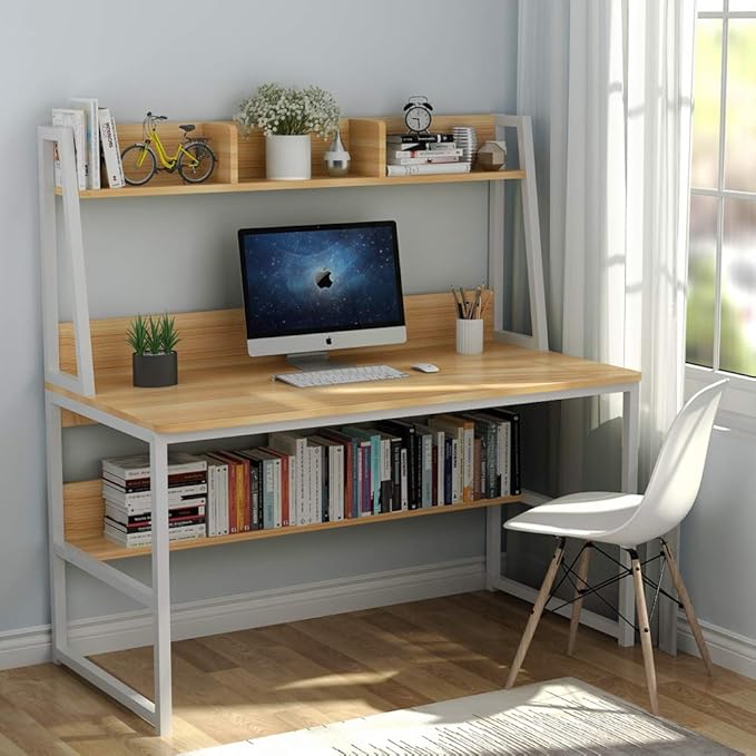 Tribesigns Computer Desk with Hutch, 47 inches Home Office Desk with Space Saving Design with Bookshelf for Small Spaces (Light Walnut, 47) - LeafyLoom