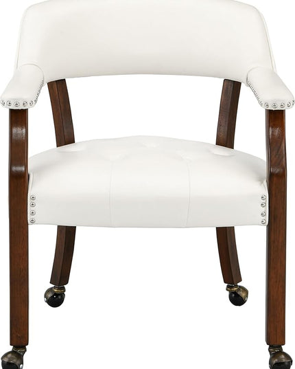 Large Dining Chairs with Casters and Arms, Rolling Dining Chairs with Wheels, Accent Game Poker Chairs, Wood Boss Caption's Chairs, 26“Dx25.2 Wx31.5“H, Cherry Legs & Ivory PU, SY-1533-WT - LeafyLoom