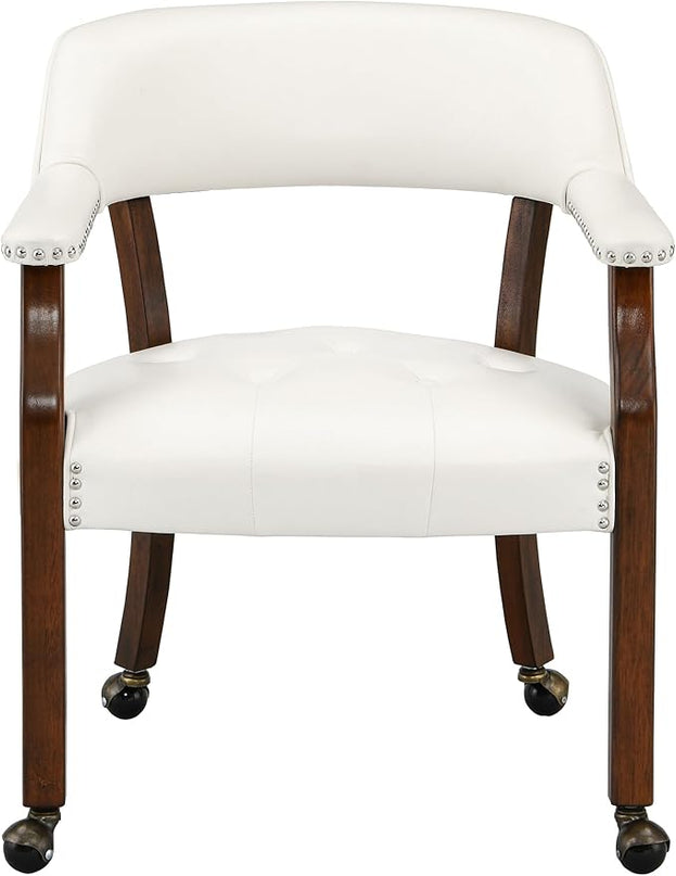 Large Dining Chairs with Casters and Arms, Rolling Dining Chairs with Wheels, Accent Game Poker Chairs, Wood Boss Caption's Chairs, 26“Dx25.2 Wx31.5“H, Cherry Legs & Ivory PU, SY-1533-WT - LeafyLoom