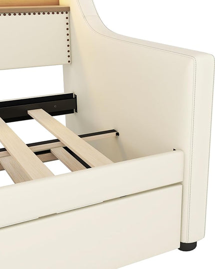 Twin Size Daybed with Trundle, Upholstered Daybed with Charging Station and LED Lights, PU Leather Fabric Bedframe w/Headboard & Wood Slat Support, White - LeafyLoom