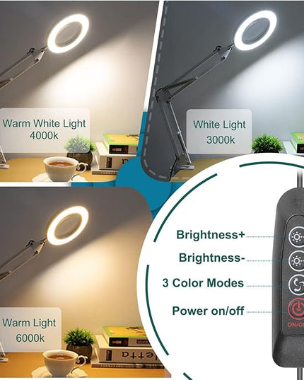 10X Magnifying Glass with Light, Krstlv Real Glass Lens Desk Lamp & Clamp, 3 Color Modes Stepless Dimmable, Hands Free LED Lighted Magnifier with Light and Stand for Reading Crafts Close Works - White - LeafyLoom