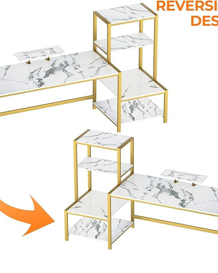 GreenForest Computer Desk with Storage Printer Shelf, 58 inch Home Office Vanity Desk with Movable Monitor Stand and 2 Headphone Hook for PC Makeup Writing Study, White and Golden - LeafyLoom