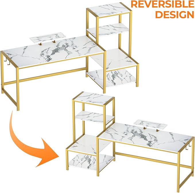 GreenForest Computer Desk with Storage Printer Shelf, 67 inch Home Office Vanity Desk with Movable Monitor Stand and 2 Headphone Hook for PC Makeup Writing Study, White and Golden - LeafyLoom
