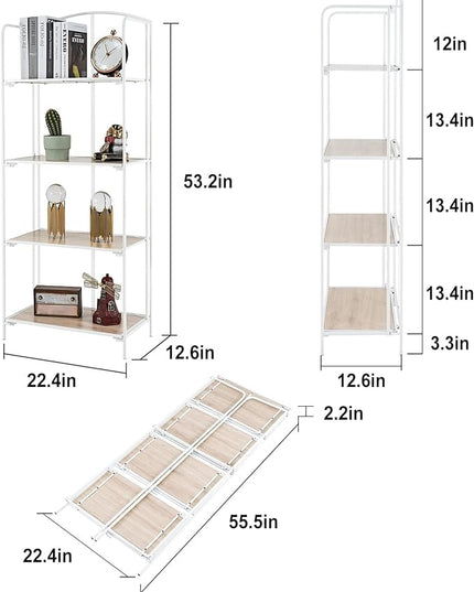 No Assembly Folding Bookshelf, 4 Tier White Bookshelf, Metal Book Shelf for Storage, Folding Bookcase for Office Organization and Storage, 12.6" D x 22.44" W x 55.51" H - LeafyLoom