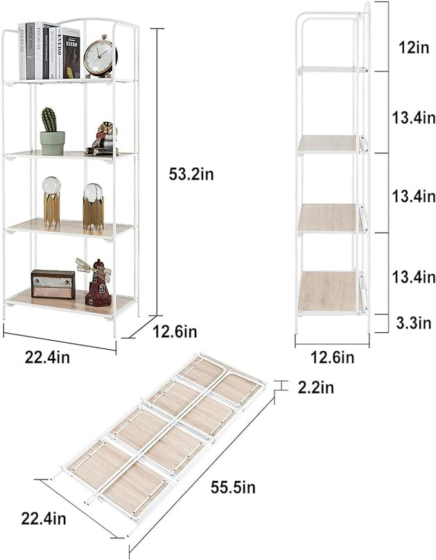 No Assembly Folding Bookshelf, 4 Tier White Bookshelf, Metal Book Shelf for Storage, Folding Bookcase for Office Organization and Storage, 12.6" D x 22.44" W x 55.51" H - LeafyLoom