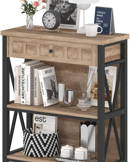 FATORRI Rustic Bookshelf with Drawer, Industrial Wood and Metal Bookcase, Small Book Shelf and Low Book case for Small Space (Rustic Oak) - LeafyLoom