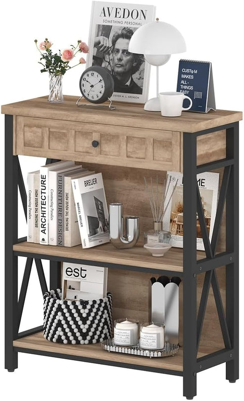 FATORRI Rustic Bookshelf with Drawer, Industrial Wood and Metal Bookcase, Small Book Shelf and Low Book case for Small Space (Rustic Oak) - LeafyLoom